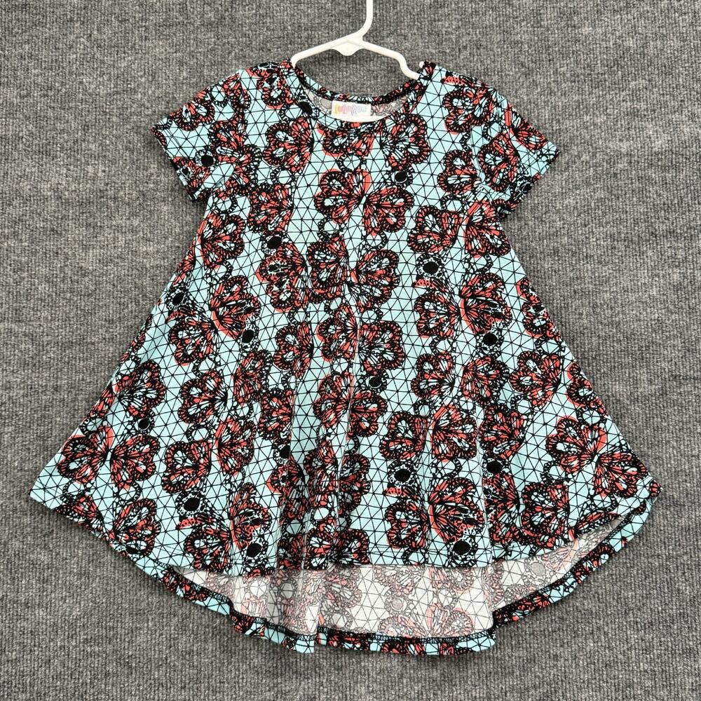 LuLaRoe Girls Scarlett Swing Dress Size 2 Blue Butterfly Print USA Made EUC